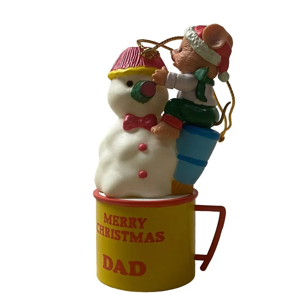 Vintage Trevco Snowman Ornament Climbing Mouse Miniature Merry Christmas Dad Cup